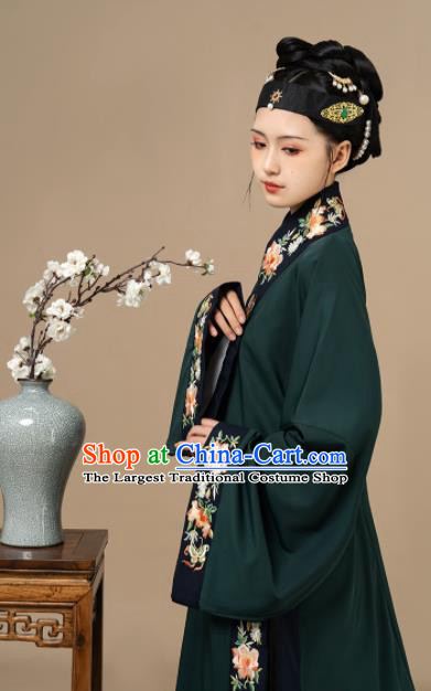 Chinese Traditional Historical Costumes Ming Dynasty Noble Woman Clothing Ancient Countess Dark Green Long Gown and Skirt Complete Set