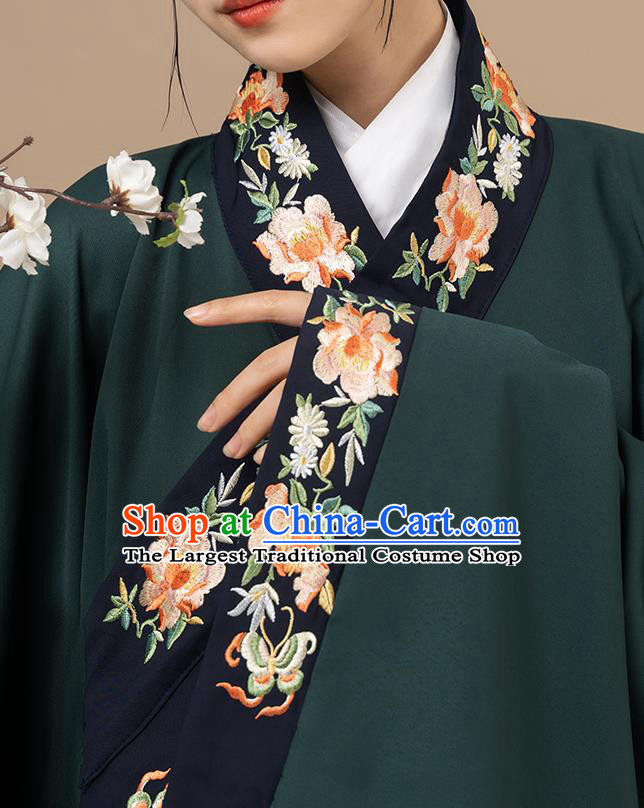 Chinese Traditional Historical Costumes Ming Dynasty Noble Woman Clothing Ancient Countess Dark Green Long Gown and Skirt Complete Set