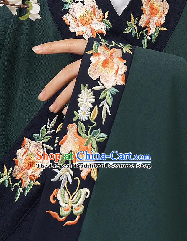 Chinese Traditional Historical Costumes Ming Dynasty Noble Woman Clothing Ancient Countess Dark Green Long Gown and Skirt Complete Set