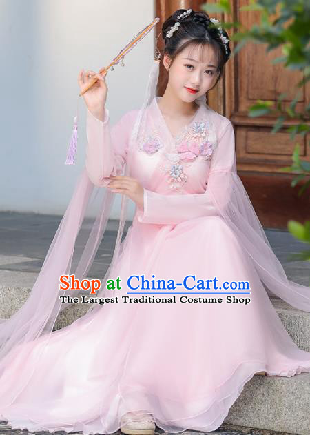 Chinese Ancient Fairy Pink Dress Clothing Traditional Garment Costume