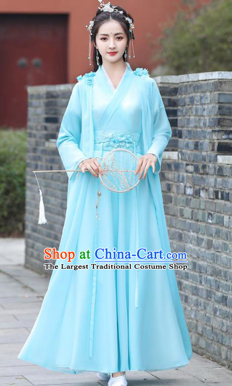 Chinese Ancient Princess Blue Dress Clothing Traditional Costume Drama Fairy Garment