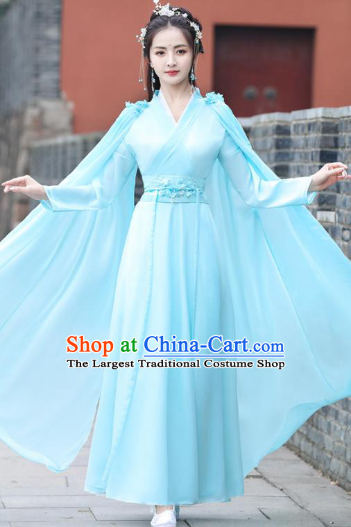 Chinese Ancient Princess Blue Dress Clothing Traditional Costume Drama Fairy Garment