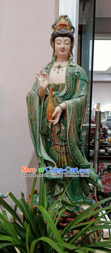 Chinese Mother Buddha Porcelain Arts Handmade Shi Wan Guan Yin Ceramic Figurine 44 inches Green Guanyin Statue