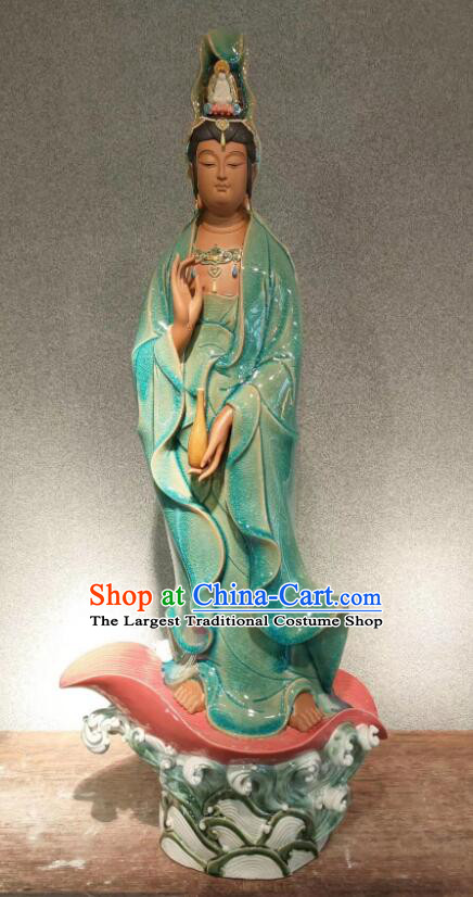 Handmade Shi Wan Guan Yin Ceramic Figurine  inches Standing Guanyin Statue Chinese Green Mother Buddha Porcelain Arts