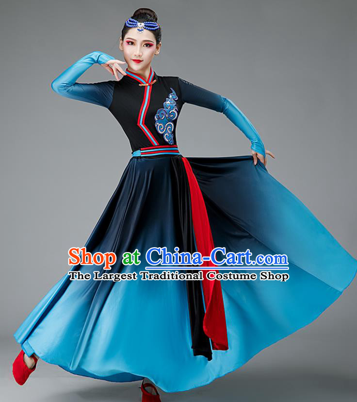 Chinese Ethnic Dance Costume Stage Performance Clothing Mongol Nationality Dance Blue Dress