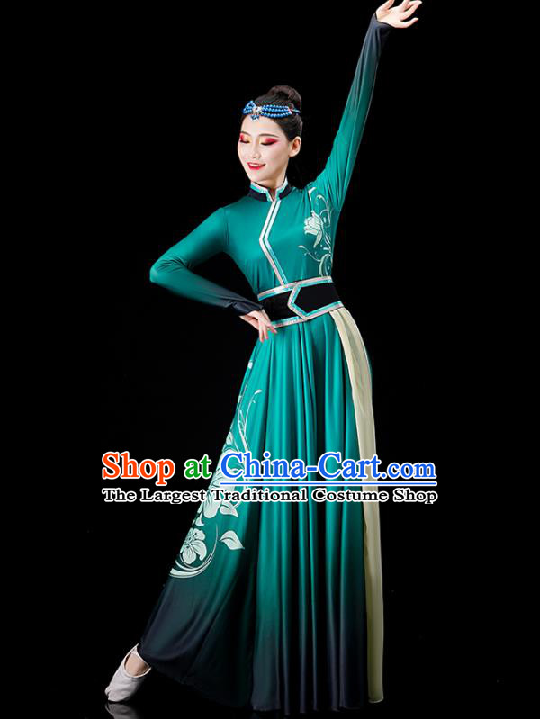 Chinese Stage Performance Clothing Mongol Nationality Dance Green Dress Ethnic Dance Costume