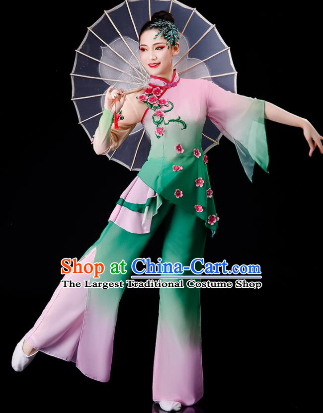 Chinese Folk Dance Costume Stage Performance Clothing Umbrella Dance Green Outfit