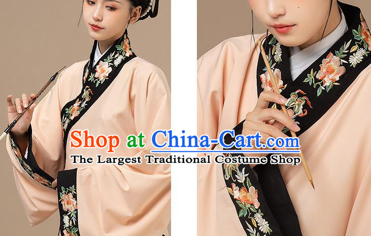 Chinese Traditional Embroidered Hanfu Long Gown Ancient Noble Woman Apricot Dress Ming Dynasty Garment Costume