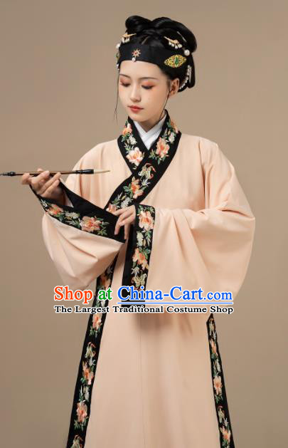 Chinese Traditional Embroidered Hanfu Long Gown Ancient Noble Woman Apricot Dress Ming Dynasty Garment Costume