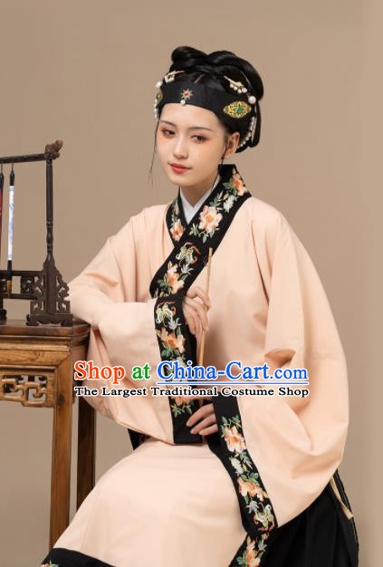 Chinese Traditional Embroidered Hanfu Long Gown Ancient Noble Woman Apricot Dress Ming Dynasty Garment Costume