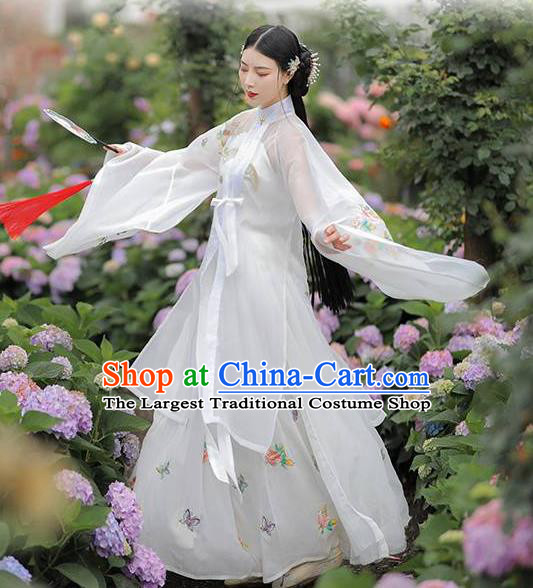Chinese Ancient Young Beauty Clothing Ming Dynasty Garment Costumes Traditional Hanfu Embroidered White Blouse and Skirt Complete Set