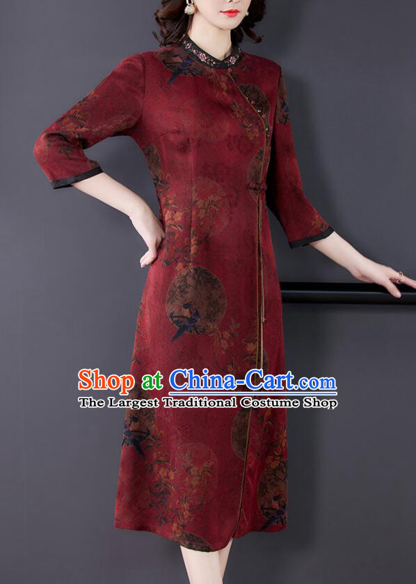 Chinese Classical Gambiered Guangdong Gauze Cheongsam Aodai Qipao Traditional Wine Red Dress