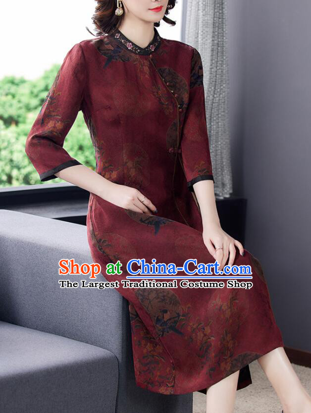 Chinese Classical Gambiered Guangdong Gauze Cheongsam Aodai Qipao Traditional Wine Red Dress