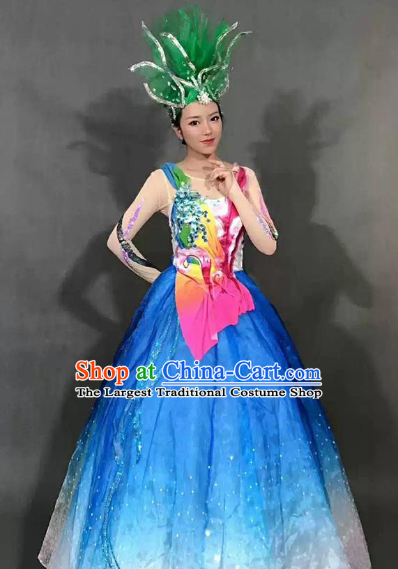 Chinese Flower Dance Garment Costume Spring Festival Gala Opening Dance Clothing Stage Performance Blue Dress