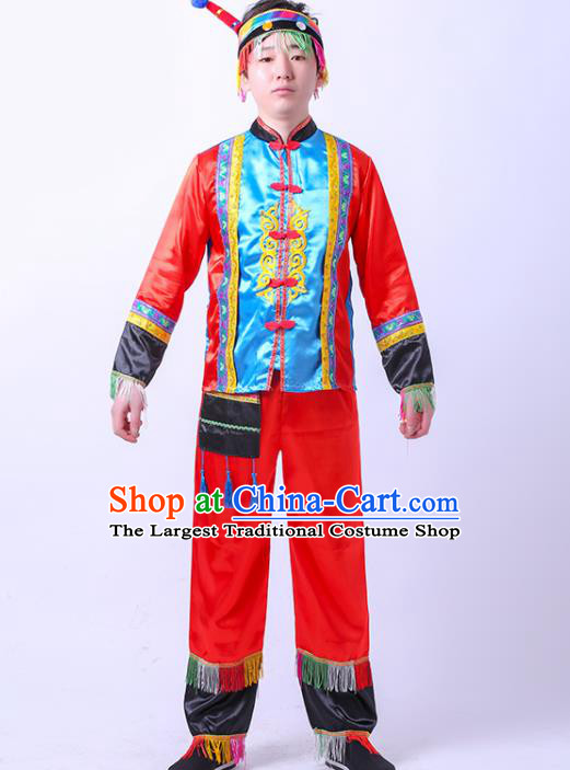 Chinese Stage Performance Clothing Tujia Nationality Boy Red Outfit Ethnic Dance Garment Costume