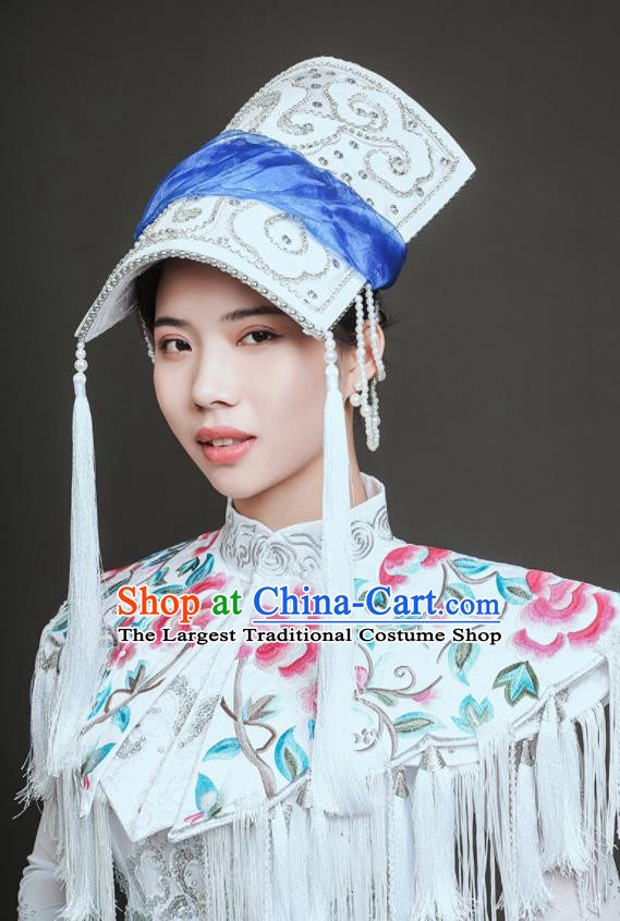Chinese Ethnic Festival Clothing Folk Dance White Dress Qiang Nationality Dance Costume