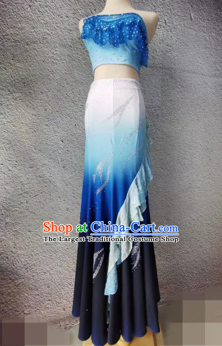 Chinese Dai Nationality Stage Performance Clothing Peacock Dance Blue Dress Outfit Yunnan Pavane Dance Garment Costumes