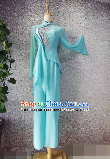 Chinese Women Stage Performance Clothing Classical Dance Light Blue Outfit Fan Dance Garment Costumes
