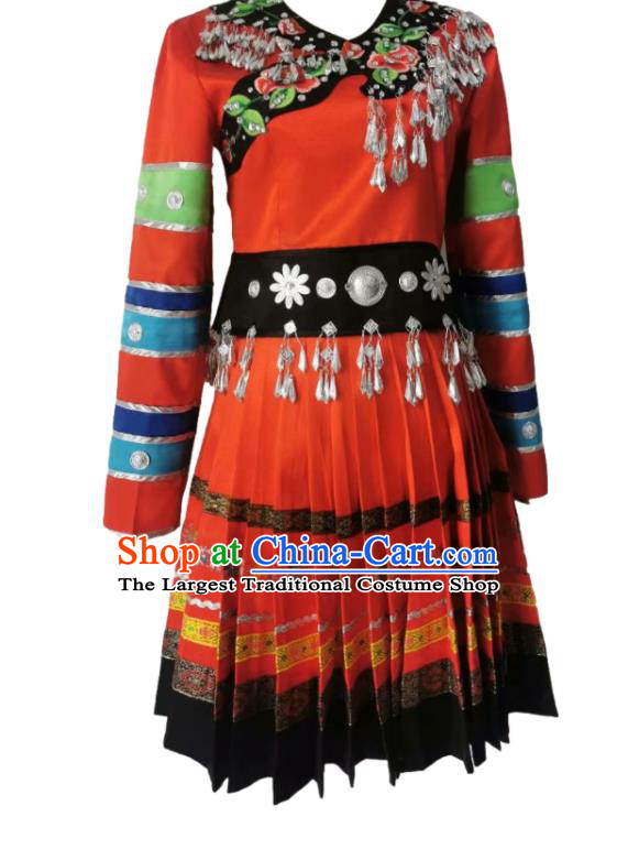 Chinese Ethnic Woman Festival Clothing Stage Performance Red Dress Outfit Miao Nationality Dance Garment Costumes
