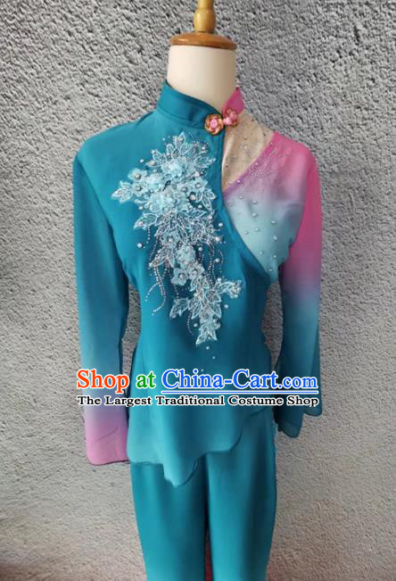 Chinese Fan Dance Garment Costume Stage Performance Clothing Folk Dance Blue Outfit