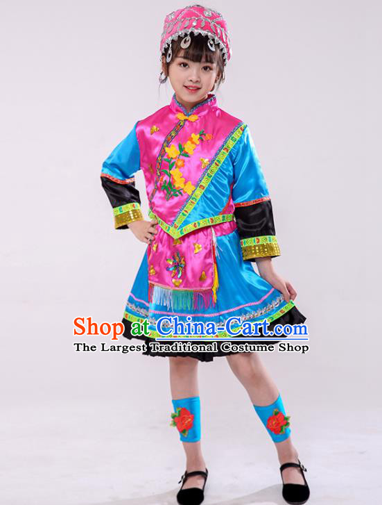 Chinese Stage Performance Clothing Mulao Nationality Dance Blue Dress Outfit Ethnic Girl Folk Dance Costume
