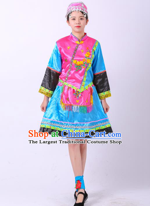 Chinese Stage Performance Clothing Mulao Nationality Dance Blue Dress Outfit Ethnic Girl Folk Dance Costume