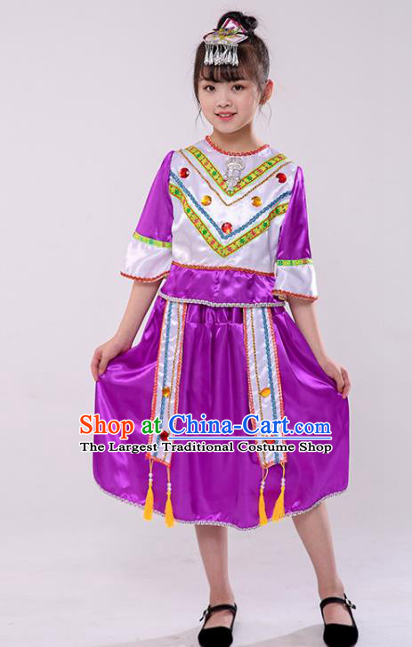 Chinese Stage Performance Clothing Naxi Nationality Dance Purple Dress Outfit Yunnan Ethnic Girl Folk Dance Costume