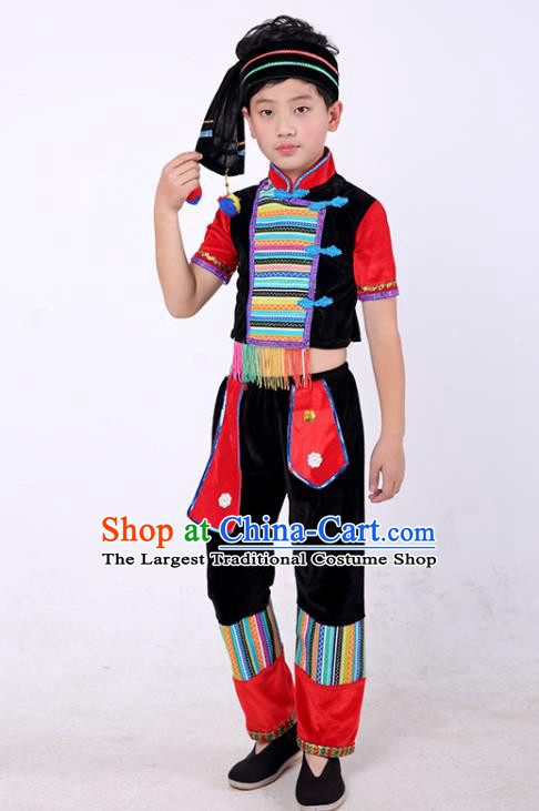 Chinese Yunnan Ethnic Boy Folk Dance Costume Stage Performance Clothing Jingpo Nationality Dance Black Outfit