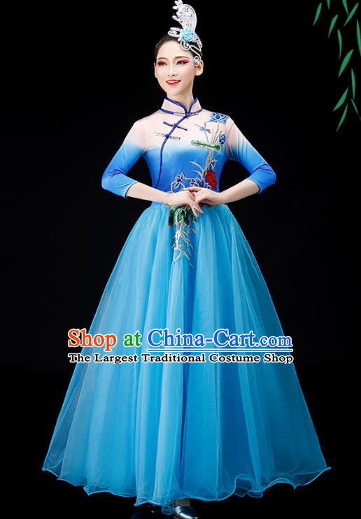 Chinese Chorus Costume Modern Dance Clothing Stage Performance Blue Dress