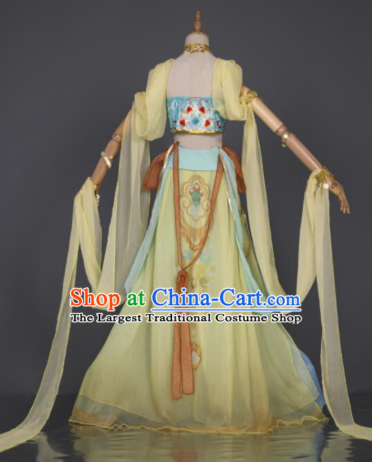 Chinese Handmade Dunhuang Dance Costume Dun Huang Flying Apsaras Dance Yellow Chiffon Dress Classical Dance Clothing
