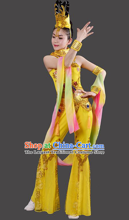 Chinese Handmade Chang E Dance Costume Dun Huang Flying Apsaras Dance Yellow Outfit Classical Dance Clothing