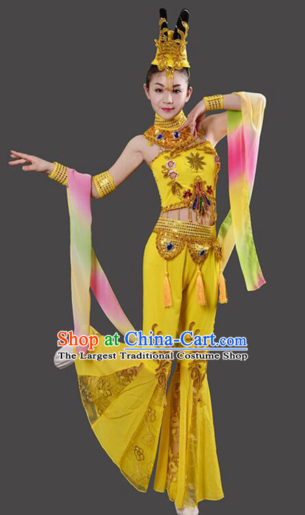 Chinese Handmade Chang E Dance Costume Dun Huang Flying Apsaras Dance Yellow Outfit Classical Dance Clothing