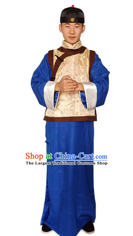 Chinese Qing Dynasty Young Childe Clothing Ancient Landlord Garment Costumes Traditional Blue Outfit