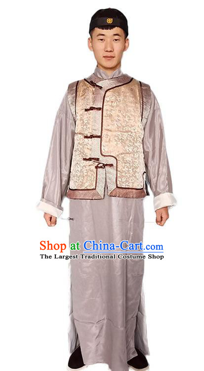 Chinese Ancient Merchant Garment Costumes Traditional Young Master Grey Outfit Qing Dynasty Childe Clothing