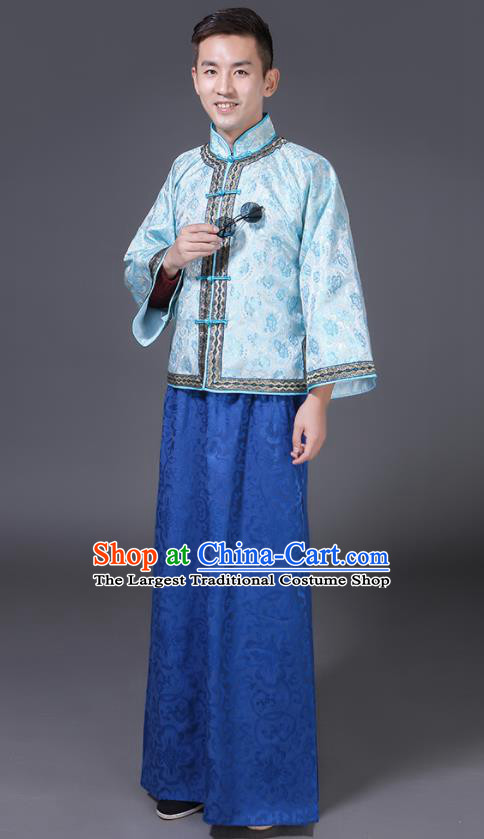 Chinese Traditional Young Master Blue Outfit Qing Dynasty Childe Clothing Ancient Groom Garment Costumes