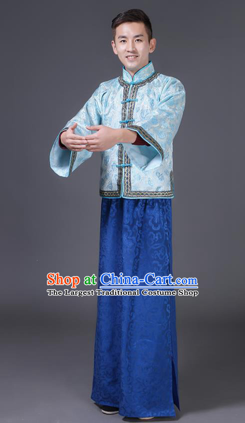 Chinese Traditional Young Master Blue Outfit Qing Dynasty Childe Clothing Ancient Groom Garment Costumes