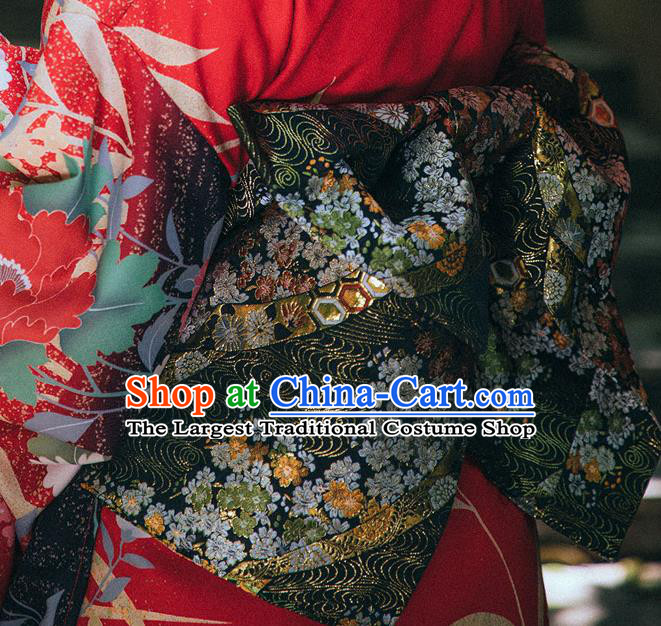 Japanese Handmade Brocade Corset Kimono Waistband Traditional Clothing Black Obi Belt