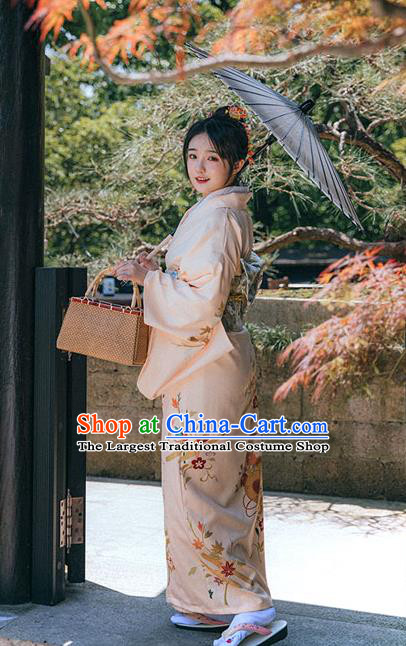 Japanese Traditional Garment Printing Beige Kimono Japan Summer Festival Young Lady Yukata Dress