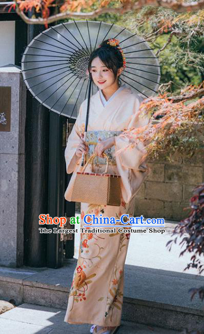 Japanese Traditional Garment Printing Beige Kimono Japan Summer Festival Young Lady Yukata Dress