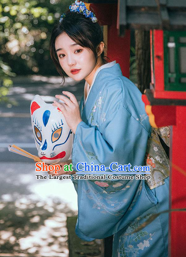 Japanese Traditional Garment Japan Printing Blue Kimono Summer Festival Sakura Yukata Dress