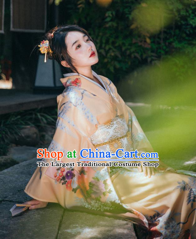 Japan Summer Festival Young Lady Yukata Dress Traditional Garment Japanese Apricot Kimono