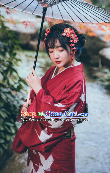 Japanese Printing Cranes Wine Red Kimono Summer Festival Yukata Dress Japan Traditional Young Lady Garment