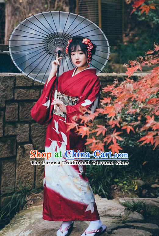Japanese Printing Cranes Wine Red Kimono Summer Festival Yukata Dress Japan Traditional Young Lady Garment