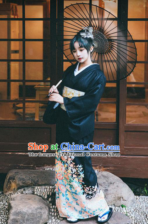 Japan Printing Black Kimono Traditional Yukata Dress Japanese Summer Festival Young Lady Garment