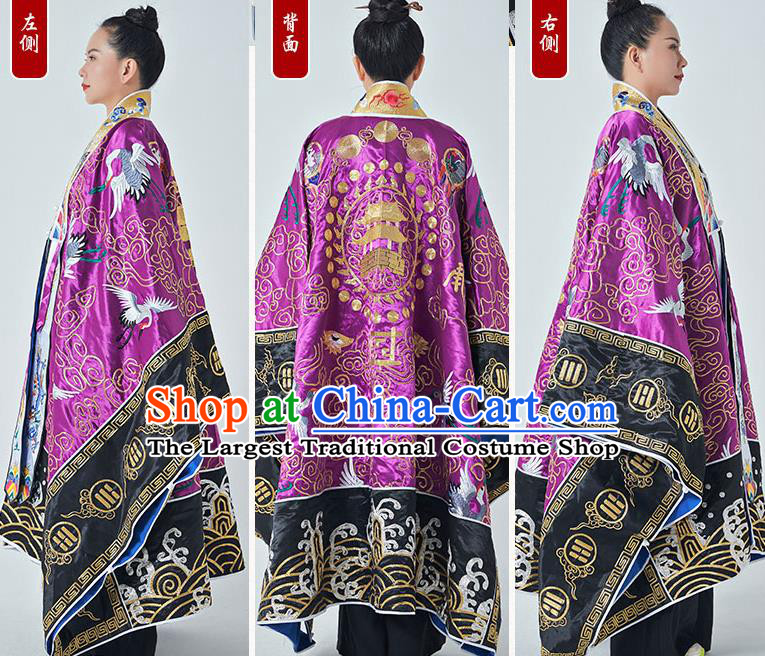 Chinese Embroidered Crane Purple Silk Robe Traditional Priest Frock Taoism Ritual San Qing Garment Handmade Taoist Master Costume