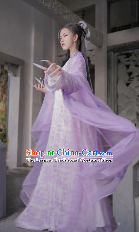 Chinese TV Series The Heaven Sword and Dragon Saber Zhou Zhiruo Garment Costumes China Swordswoman Purple Dress Clothing