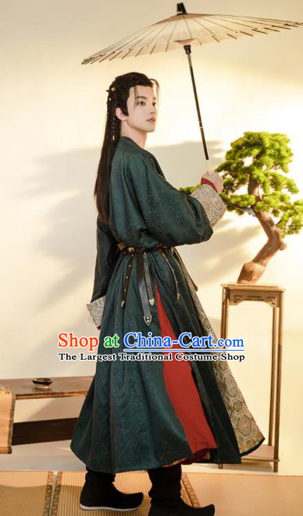Chinese Ancient Swordsman Garment Costume Tang Dynasty Noble Childe Clothing Traditional Hanfu Dark Green Robe