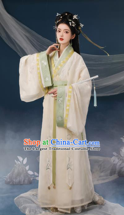 Chinese Ancient Palace Princess Clothing Traditional Embroidered Beige Hanfu Dress Eastern Han Dynasty Garment Costumes