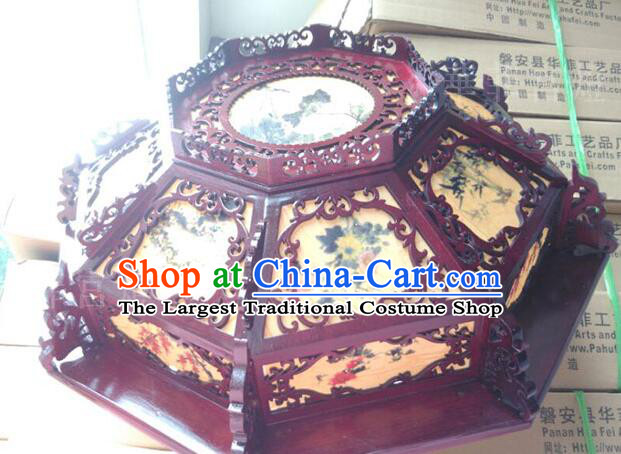 Chinese Landscape Painting Ceiling Lantern Handmade Rosewood Lantern Traditional Octagonal Ceiling Lamp