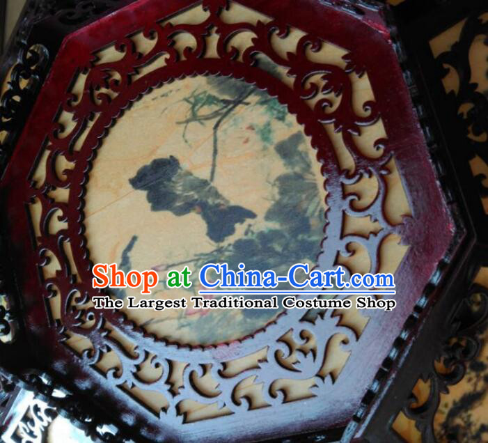 Chinese Landscape Painting Ceiling Lantern Handmade Rosewood Lantern Traditional Octagonal Ceiling Lamp